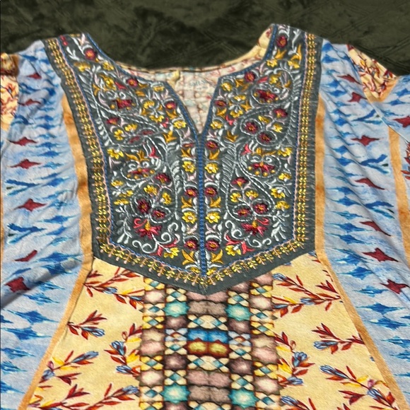 Soft Surroundings Blue and Tan Graphic Tunic with Bib Collar - Picture 9 of 10